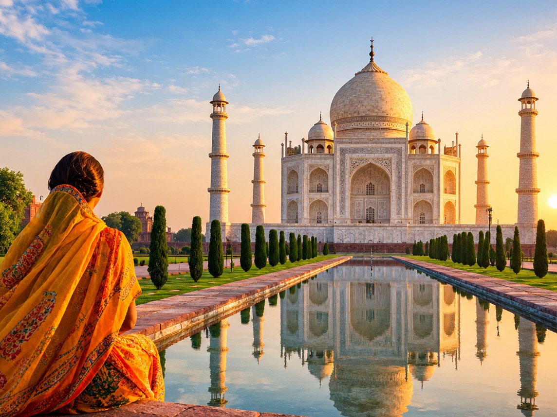 Woman in a saffron sari looking at the Taj Mahal reflected in the pool at sunrise, Agra, India