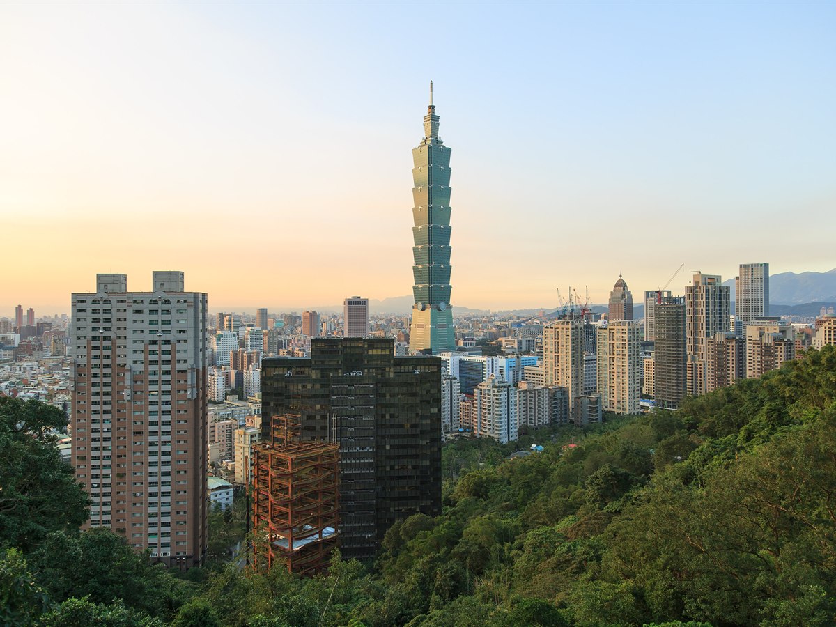 Taipei 101 tower above the city at golden hour, Taiwan