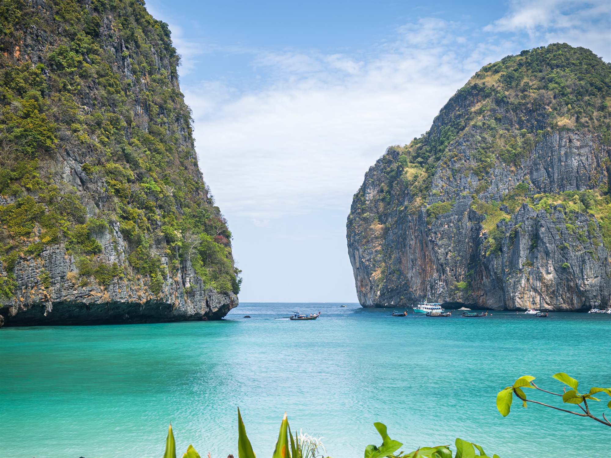 Maya Bay's enclosed limestone cliffs and turquoise water, Ko Phi Phi Le, Thailand