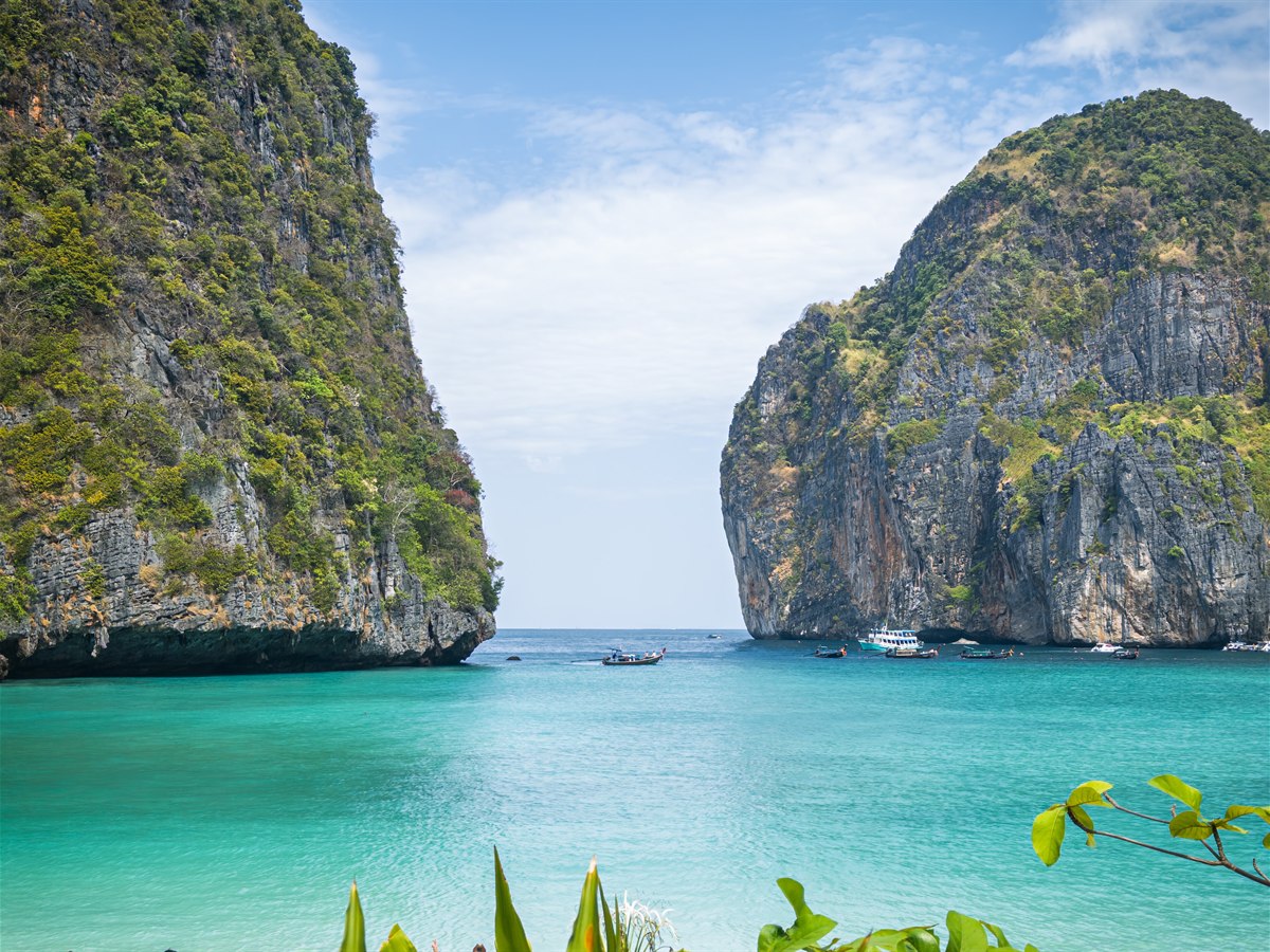 Maya Bay limestone cliffs and turquoise water, Phi Phi Islands, Thailand