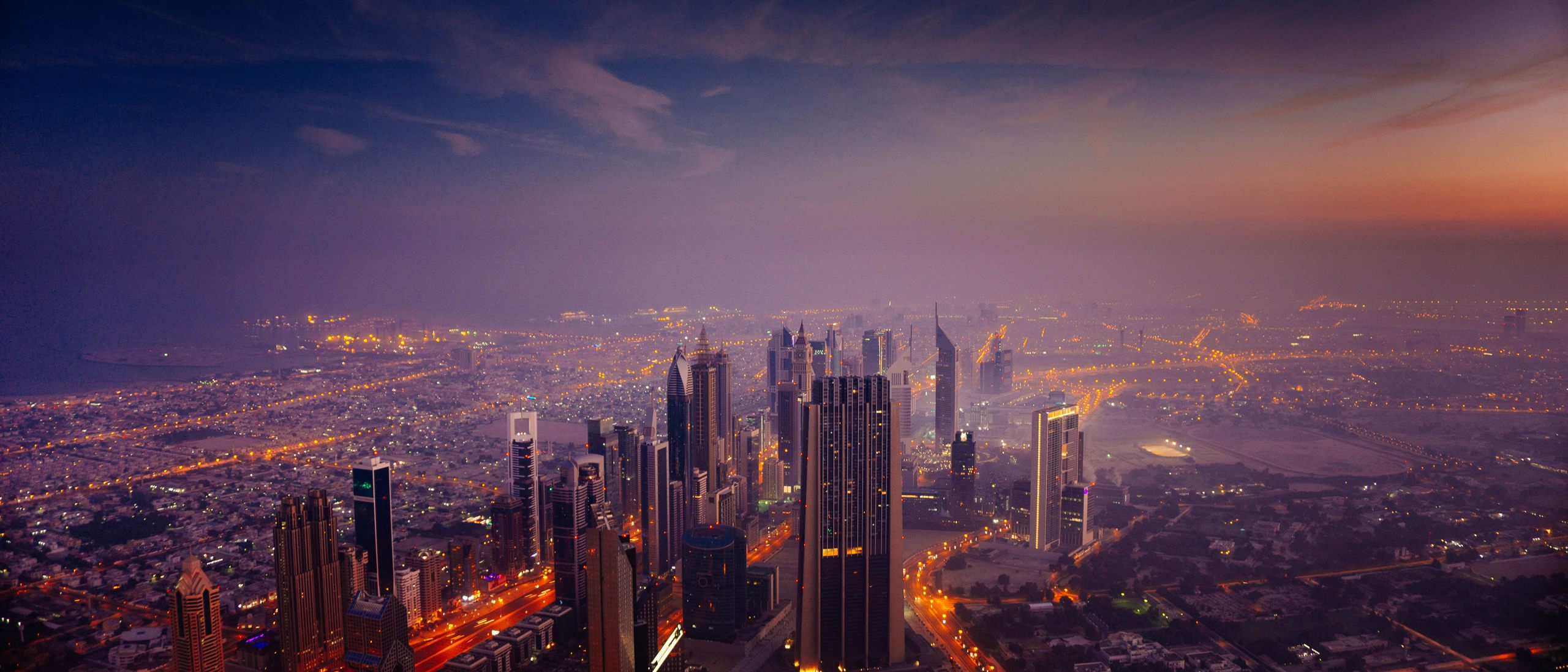 Dubai's skyline from above at sunrise