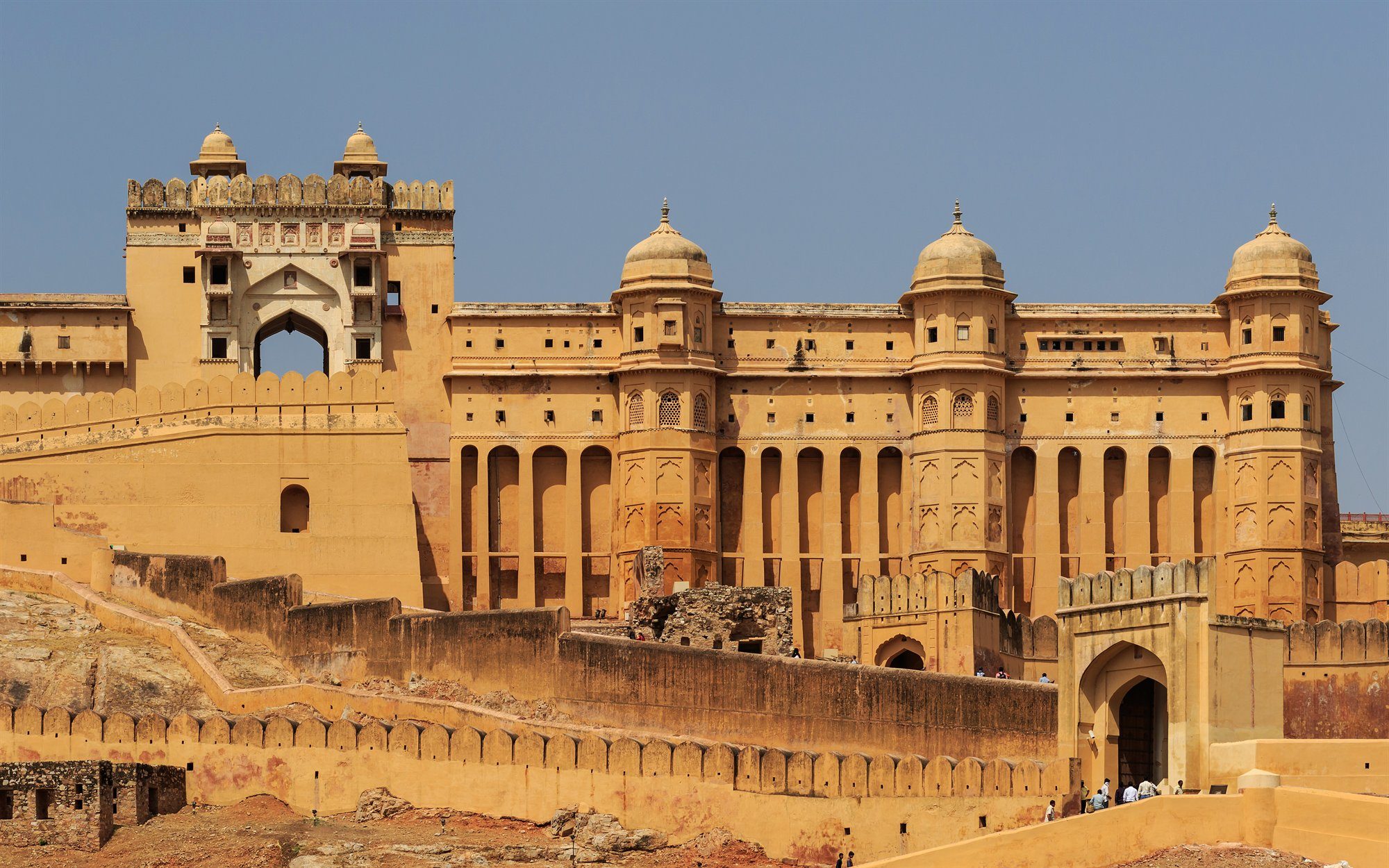 Sandstone gateways and domes of Amber Fort near Jaipur, Rajasthan, India