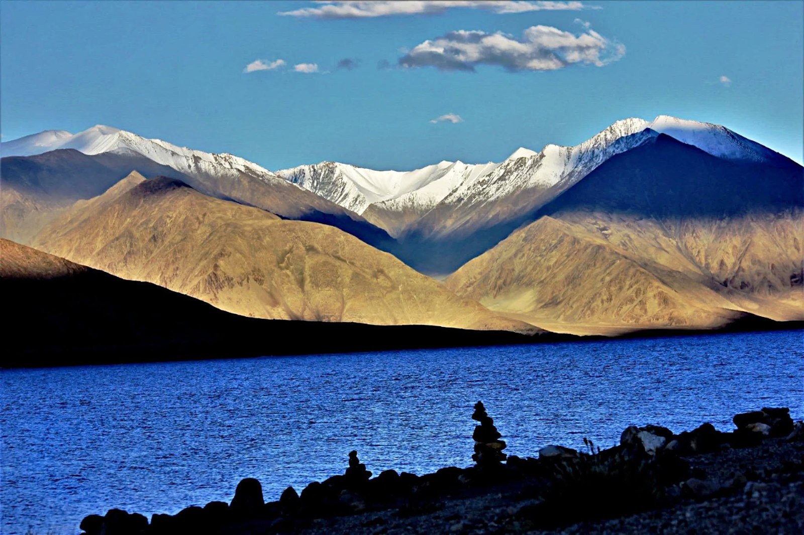 Snow-capped Himalayan peaks above Pangong Lake, Ladakh, North India