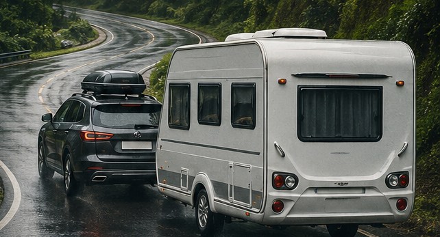 A car towing a caravan along a wet, winding forest road, IKOU Slow Roads