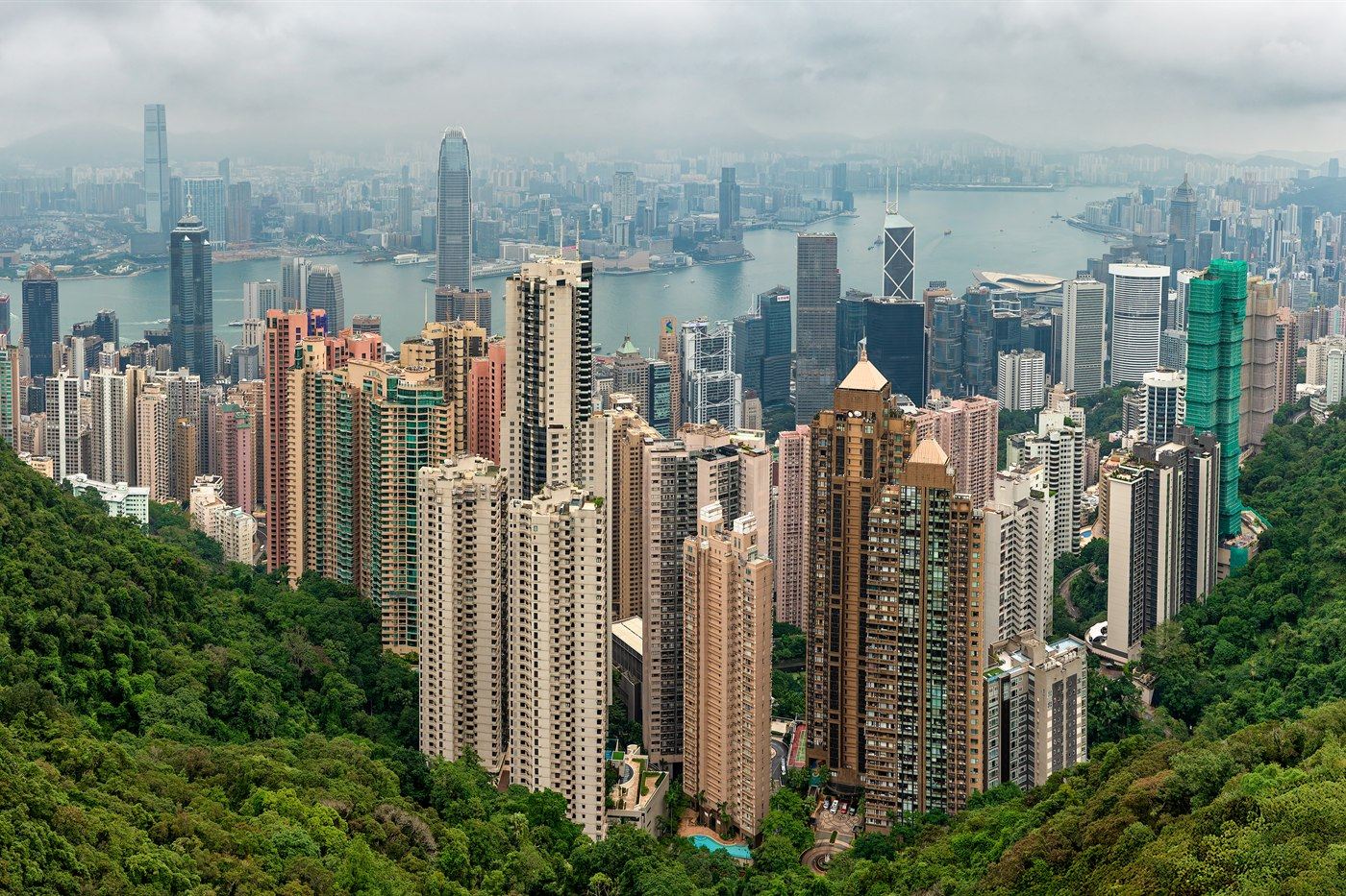 Mid-Levels towers and Victoria Harbour seen from Victoria Peak on a grey day, Hong Kong Island