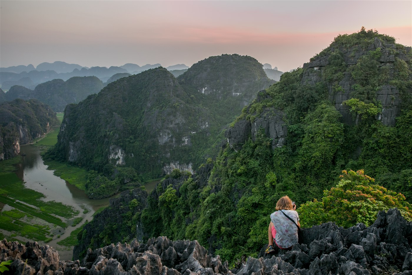 View over the Tam Coc river and karst hills from the Mua Cave viewpoint, Ninh Binh