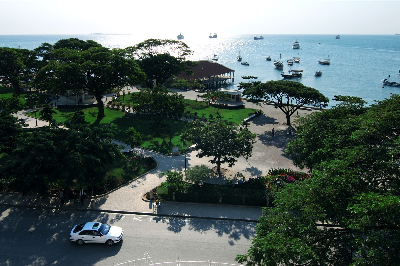 Forodhani Gardens and the harbour with moored boats seen from above, Stone Town, Zanzibar