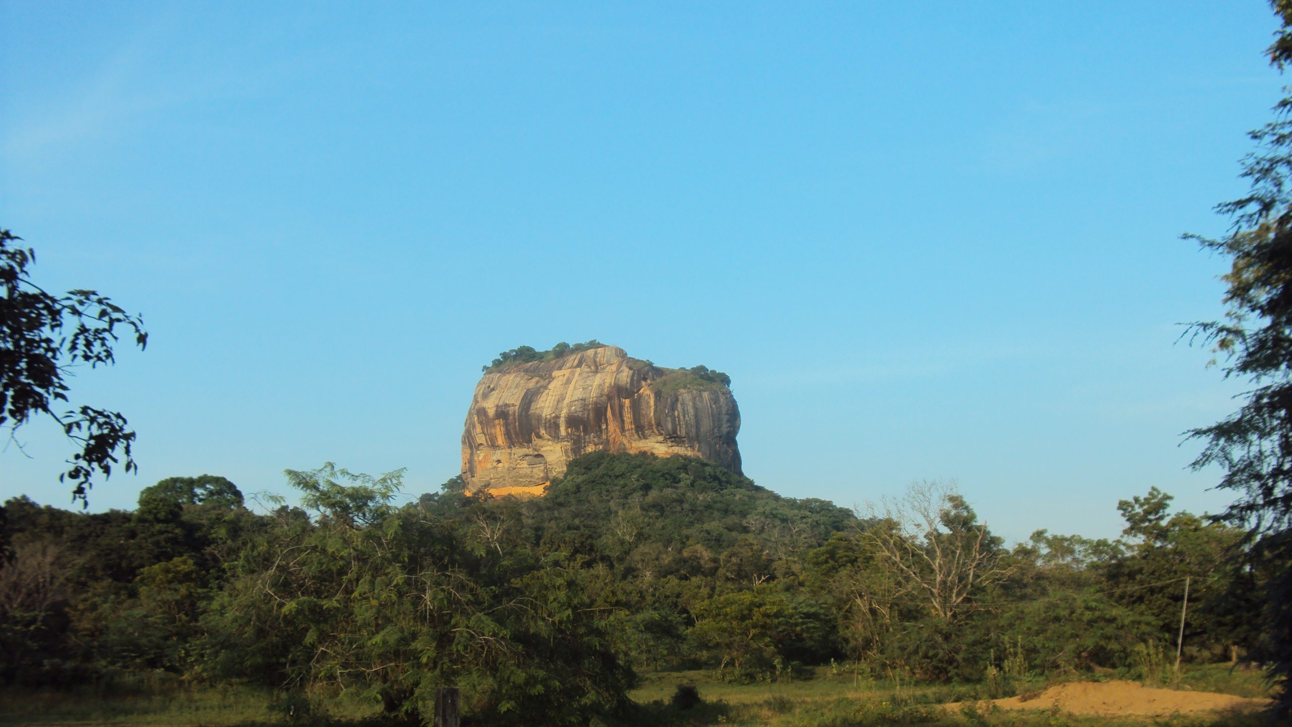Sigiriya Lion Rock rising above the forest under a clear blue sky, Sri Lanka