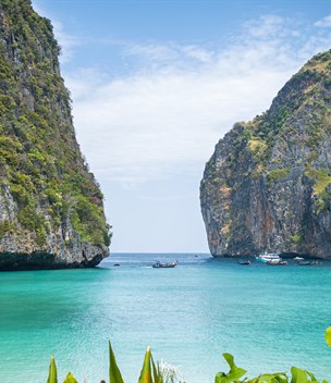 Maya Bay limestone cliffs and turquoise water, Phi Phi Islands, Thailand